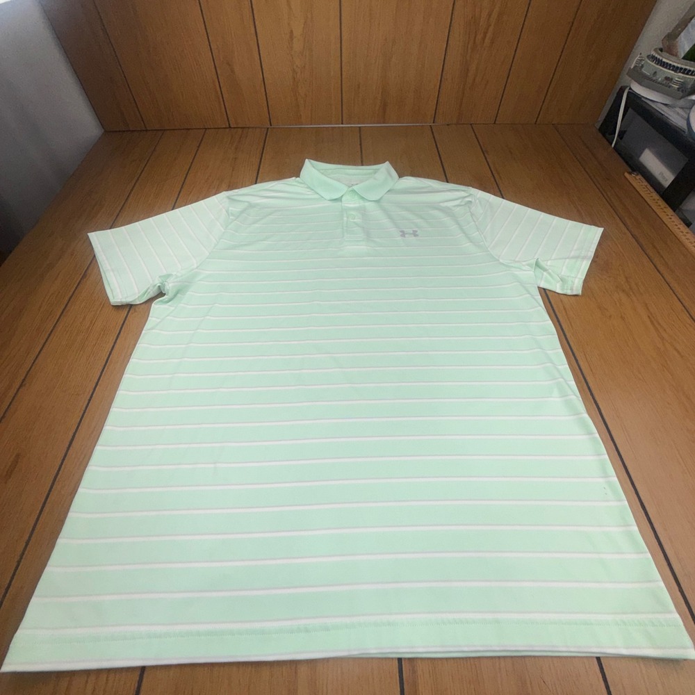 Under Armour Mens HeatGear Golf Polo Shirt Mint Green White Striped XL Loose Fit